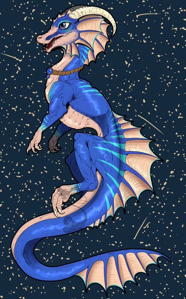 A lined drawing of a blue and tan alien raptor known as a Jowwi (belonging to DarkEdgeTV)
It has cyan stripes going down its neck and back, fans on its face, back and tail, a set of ivory horns on its head and a necklace with two blue gemstones in the centre. It is floating in a desaturated blue scene with stars 