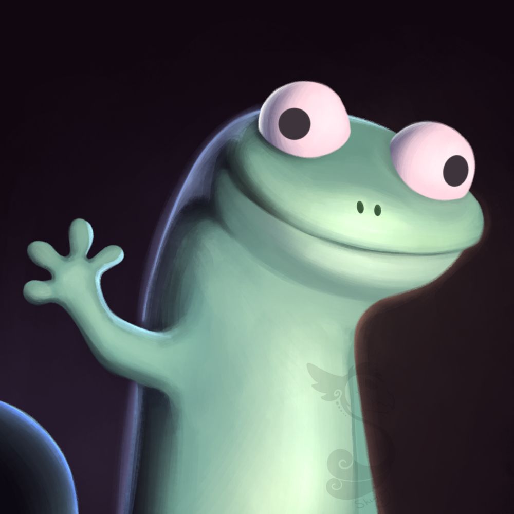 A finished lighting/shadow digital study of the lizard from the movie Elio. It is green in colour with big googly eyes and one hand raised, about to hit the "lizard" button. 