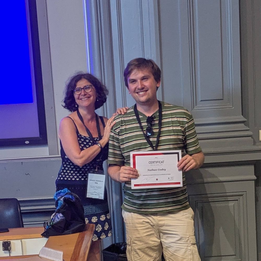 Nathan Godey receiving the 2025 ATALA best thesis prize at CORIA-TALN 2025.