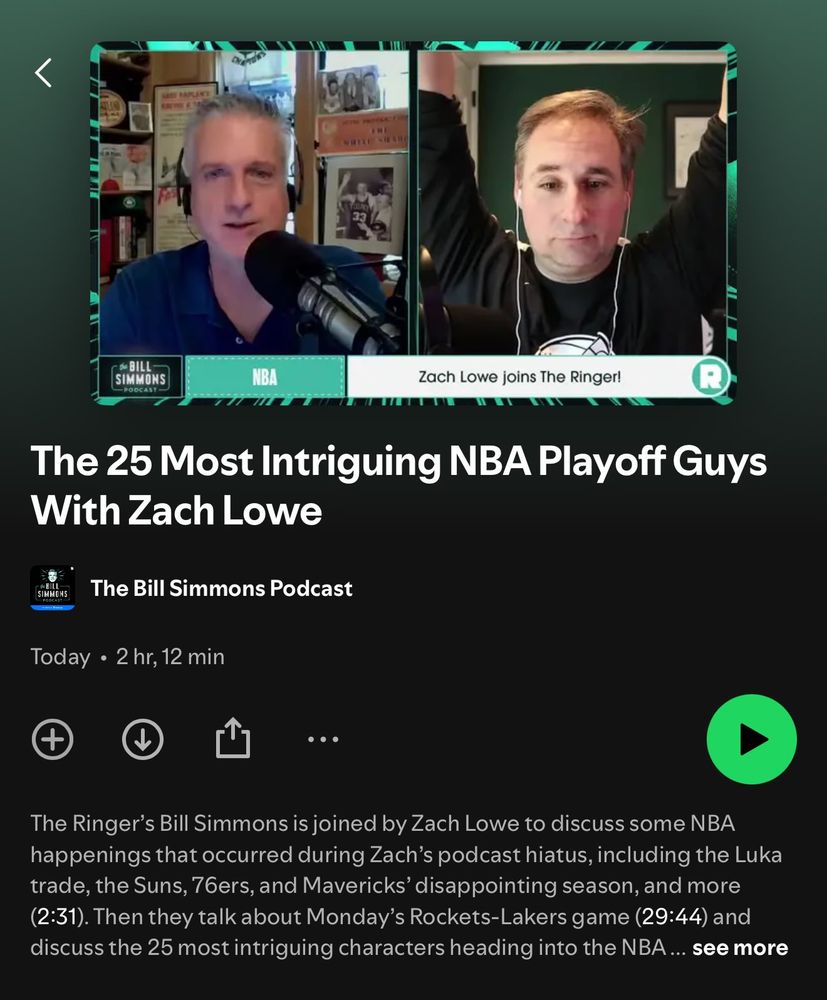 Screenshot showing me listening to the bill simmons podcast with Zach Lowe’s first guest appearance since joining the ringer