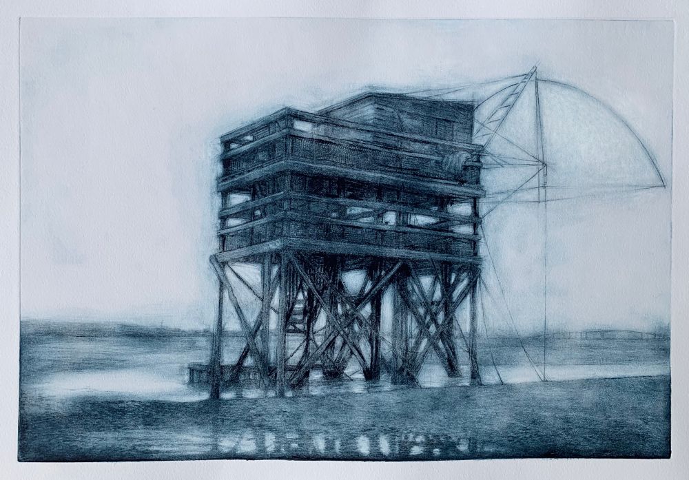 Drypoint in Prussian Blue of an abandoned fisherman’s hut on the French coast at Saint Nazaire. Moody…