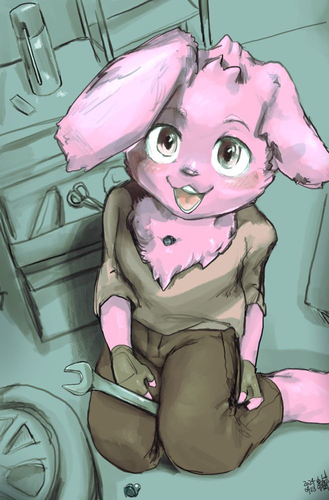 A pink rabbit sitting down wearing fingerless gloves and a wrench between his legs looking at the viewer with a smile