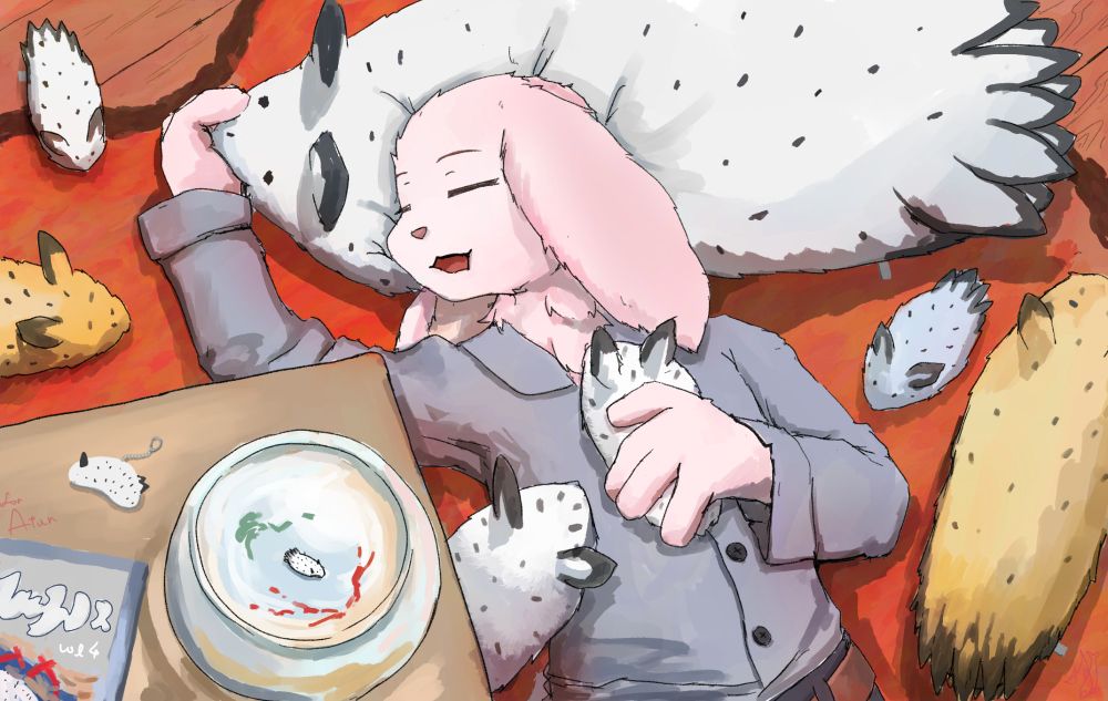 A pink rabbit anthro named Atun resting on top of a Sea bunny as multiple sea bunnies surround the scenery. Artwork was made by Karu_Wacame with the character belonging to Atun