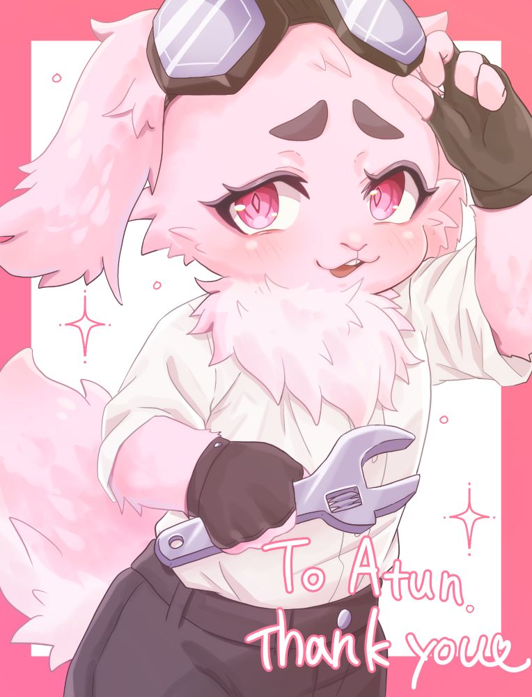 A pink rabbit named Atun holding a wrench with his goggles held up.