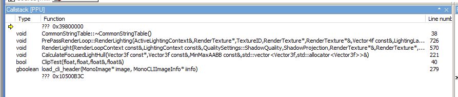 Unity crashes first frame in the prepass render loop on PS3, seen through the PS3 ProDG debugger