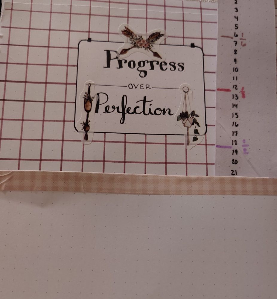 Picture of a journal page with a brown square background and a hand lettered text reading "Progress over Perfection". The text is ironically not centered correctly. Earth tone stickers decorate the text. Two arrows crossing at the top and hanging potted plants near the bottom.  A laminated dot grid ruler is to the right. 
