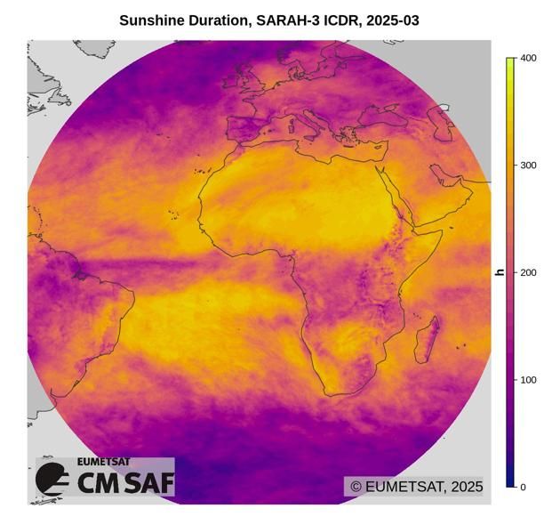 Example CM SAF product: Sunshine duration for March 2025 from the SARAH-3 Climate Data Record. It shows the distribution of accumulated sunshine for this month.