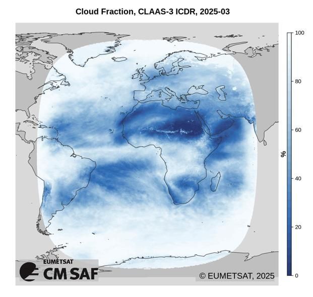 Example CM SAF product: Cloud Fraction for March 2025 from the CLAAS-3 Climate Data Record. It shows the distribution of clouds within the region covered by the Metosat SEVIRI instrument.