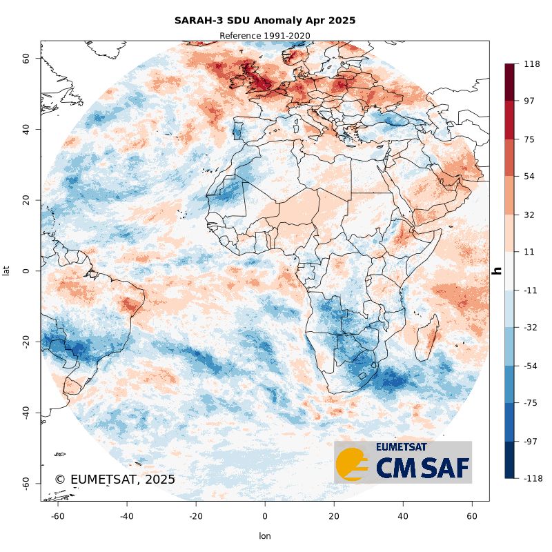 Anomaly of CM SAF SARAH sunshine duration (SDU) for April 2025 in reference to 1991-2020. There are strong positive values over the UK and Central Europe.