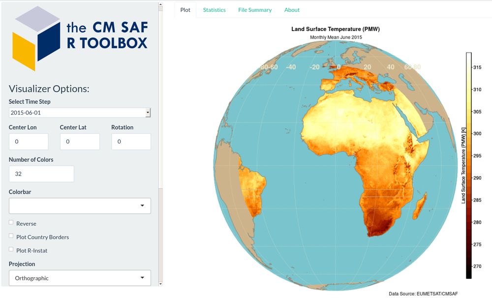 Screenshot of the R Toolbox visualization tab. It shows a map of the Land Surface Temperature.
