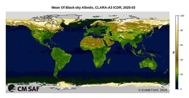 Example CM SAF product: Surface albedo in March 2025 by the CLARA-A3 Climate Data Record. It shows the global distribution of surface albedo.