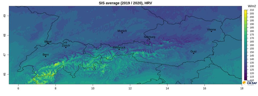 High resolution solar radiation HANNA data over the Alps. The average of the surface solar incoming radiation over the years 2019 to 20020 shows small scale variations due to clouds, snow cover, altitude and terrain shadow.