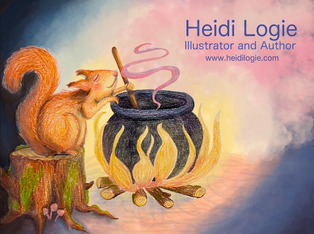 Squirrel stirring magic potion surrounded by a glow of firelight and pink smoke. 
