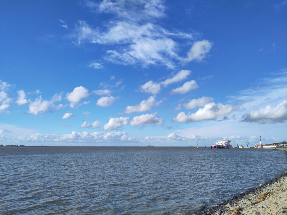 Photograph of view over Bremerhaven harbour on a sunny day with a few clouds 
