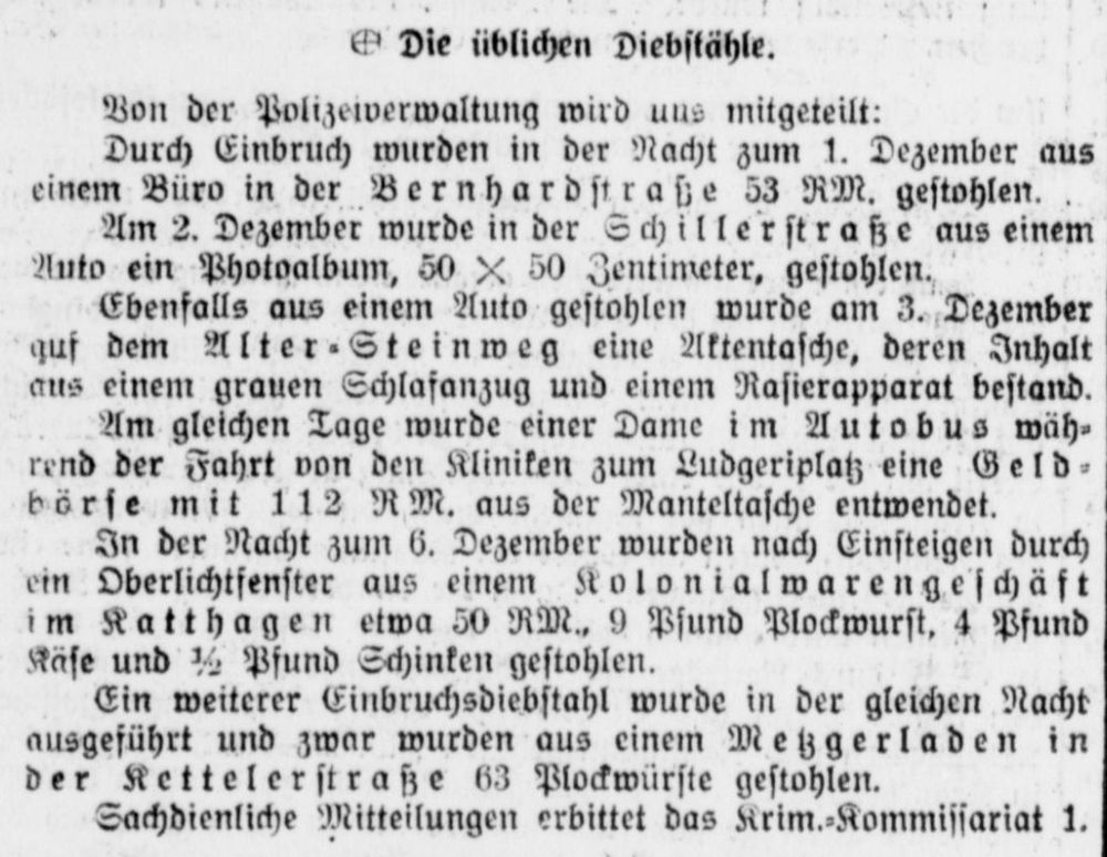 Ausschnitt aus der Zeitung Münsterischer Anzeiger vom 6.12.1930, unter der Überschrift 
"Die üblichen Diebstähle" der Eintrag "Am 2. Dezember wurde in der Schillerstraße aus einem Auto ein Photoalbum, 50 x 50 Zentimeter, gestohlen."