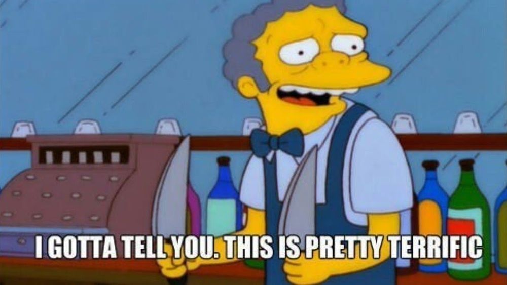 Moe Szyslak, the bartender from TV show The Simpsons, holding two knives and saying "I gotta tell you, this is pretty terrific"