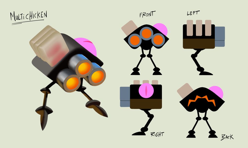 Concept art of an enemy called "Multi Chicken," named for its chicken-like mechanical legs. It features a triangular body topped with three cannons (hence the "Multi"), a pink eyeball, and a shell magazine.