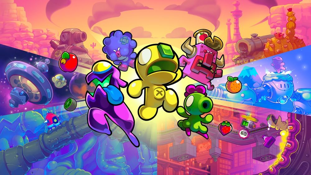 Marketing art for a game called Super Leap Day. Five characters stand in the center, with slices of five levels featured in the game in the background, each contrasting with the others.