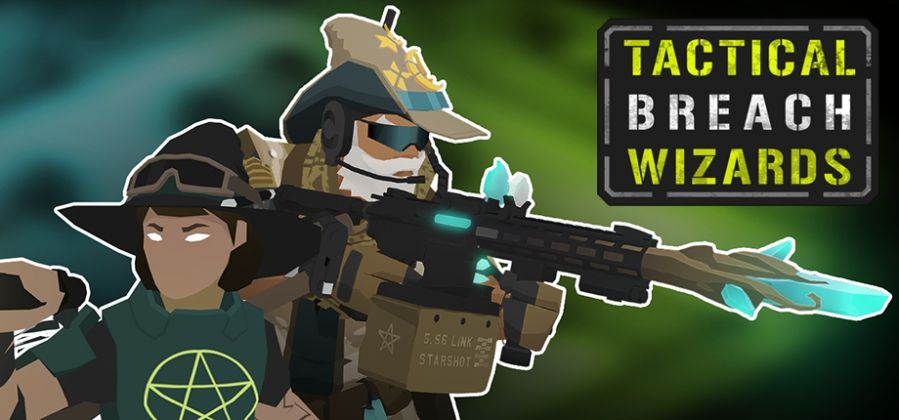 Steam storefront art for the game Tactical Breach Wizards. It features two wizards in pseudo military fatigues and wizard hats with occult symbols and crystals on them. 