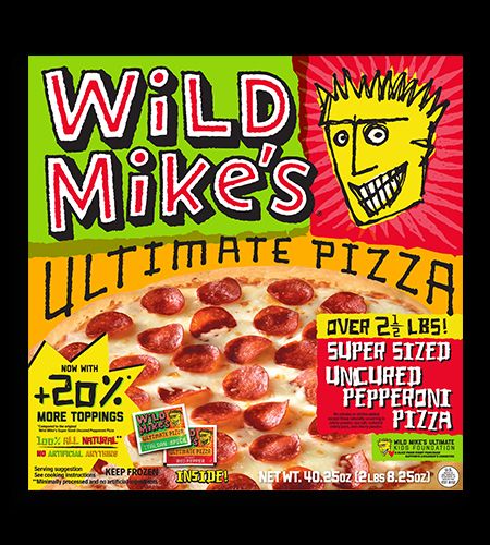 Wild Mike's Frozen Pizza. It's a very colorful box with a picture of a pepperoni pizza on it and a yellow cartoon guy's head in the corner with a big grin. He loves this shit.
