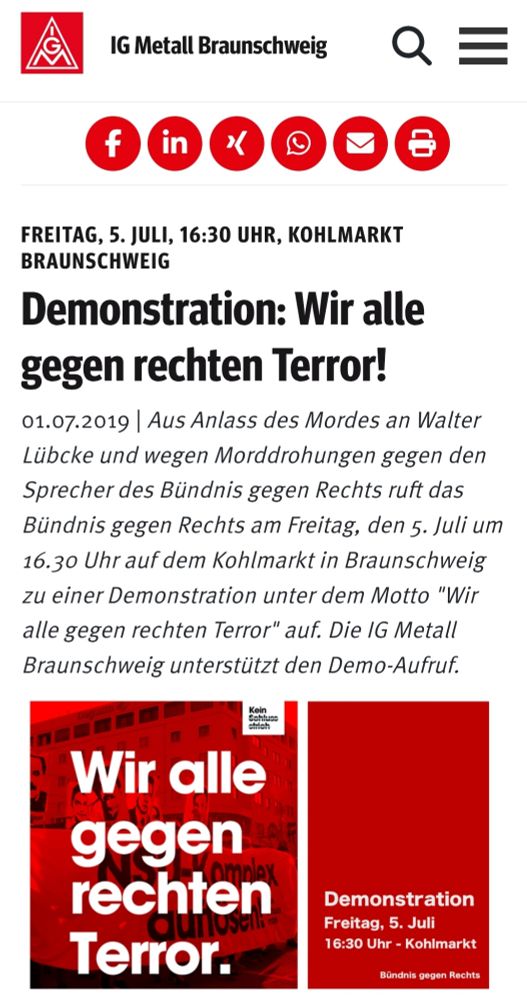Screenshot eines Aufrufs zu Demos der IGM Braunschweig 