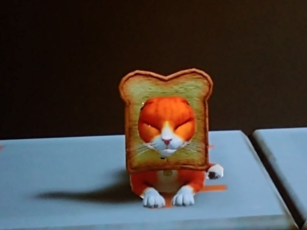 Bread around the head of an orange cat, from the video game.