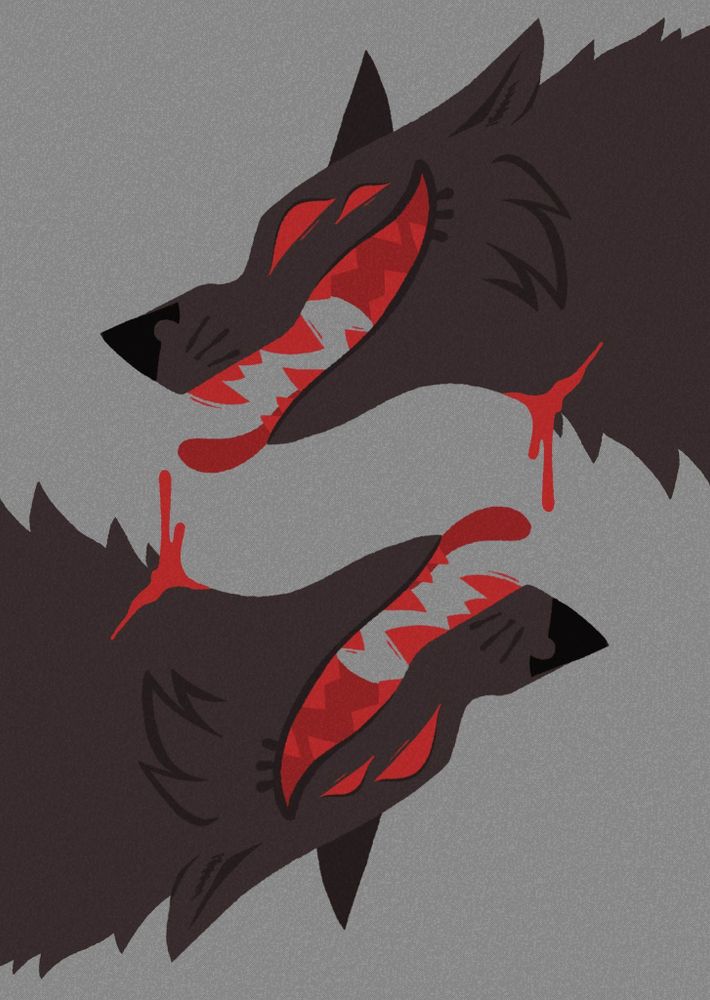 Two wolves (each wolf the same as the other, just reversed), with multiple pair of red eyes, red teeth, and bleeding necks