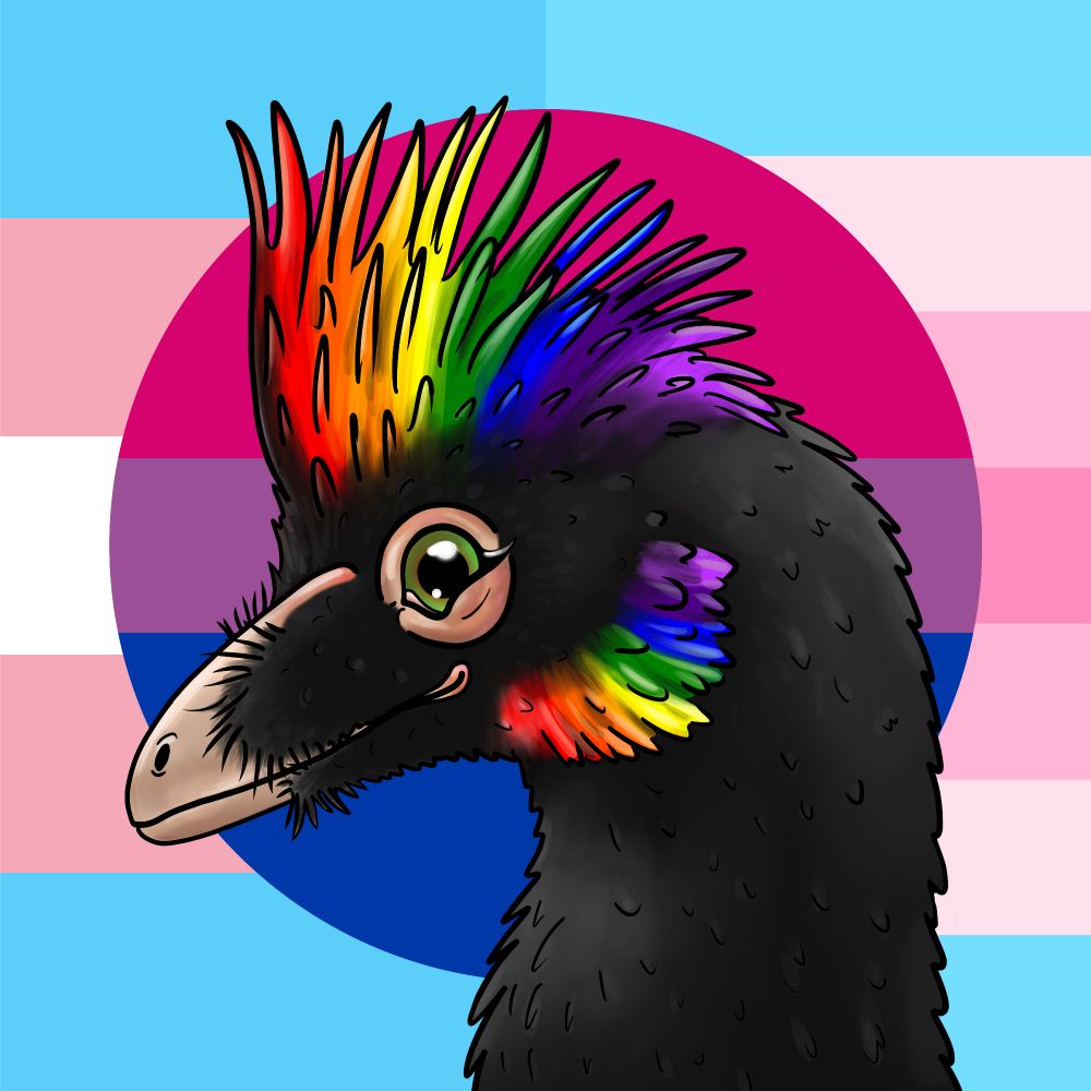 A cartoon Anchiornis with a large cockatoo like crest. Instead of red its crest is the colours of the pride flag, as is its cheek. In the background there is the trans flag on the left, the transfem flag on the right, amd the bi flag in a circle in the centre. 