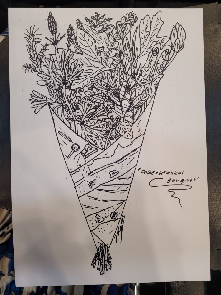 A black pen drawings of a bouquet of prehistoric plants. There are lots of leaves and stems and it's kind of a mess. On the front of the wrapping of the bouquet is a cross section through sediments with some fossil blocks in it, and in the top right of the wrapping is a pencil, a magnifying glass and a fossil plant. 