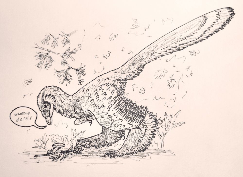 A small fluffy long tailed bird bending forward and looking as a snail sat on a twig of a Ginkgo-like plant. Speech bubbles from the bird and snail read "whatcha doin'?" and  "Nathin'." respectfully.