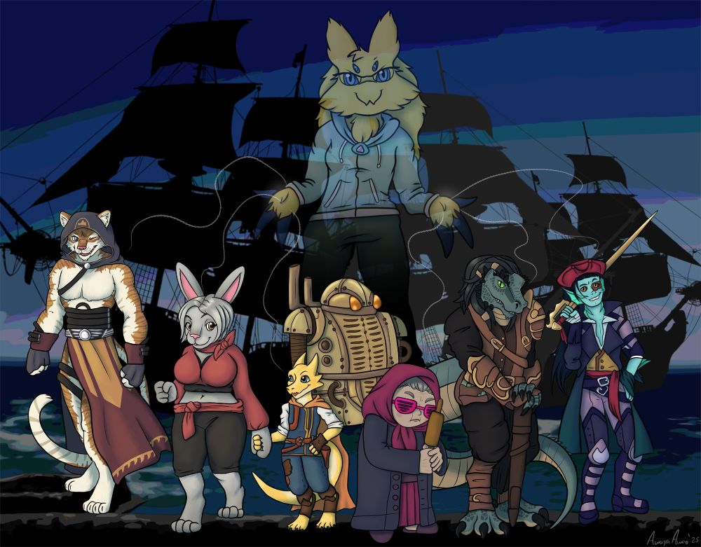 Group of Dungeons and Dragons characters standing together with three pirate ships behind them