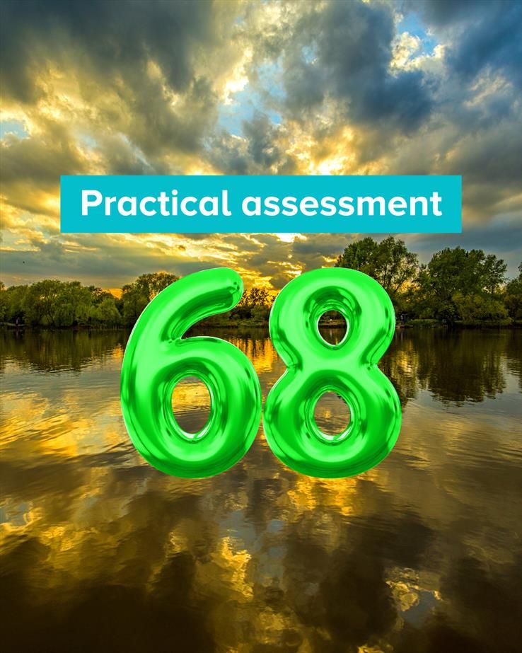 An image of a park in Basildon with the words 'Practical assessment' and 68 number balloons