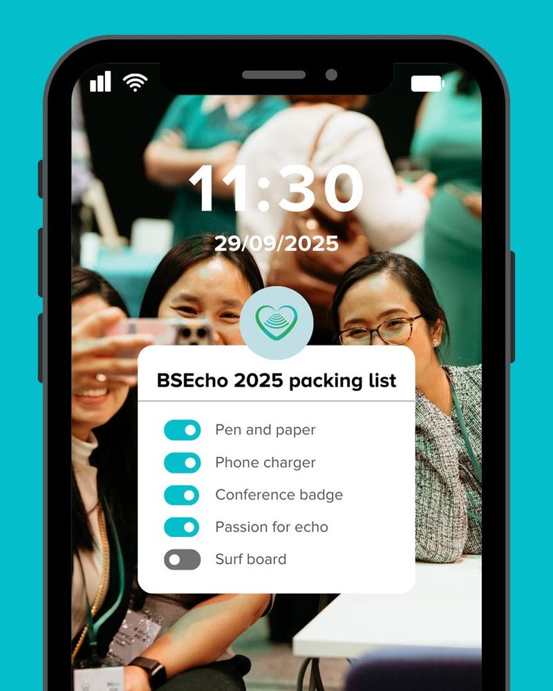 A phone showing a packing list with: pen and paper, phone charger, conference badge, passion for echo and surf board