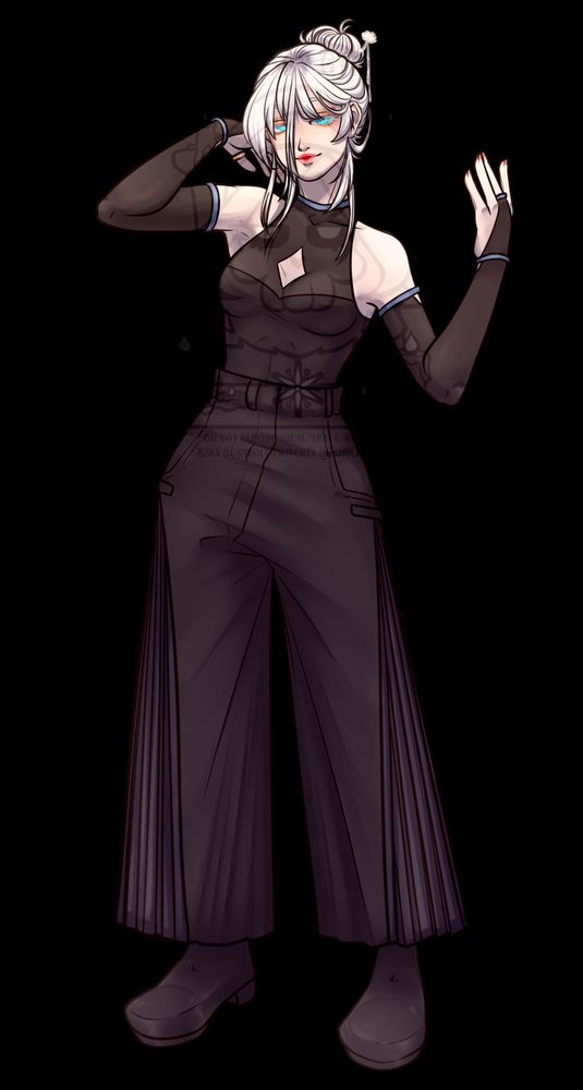 Arte de corpo inteiro. Uma moça de cabelo branco, olhos azuis piscina, com batom vermelho e maquiagem, vestindo um body preto, calça preta, sapatos pretos e luvas longas sem dedo.