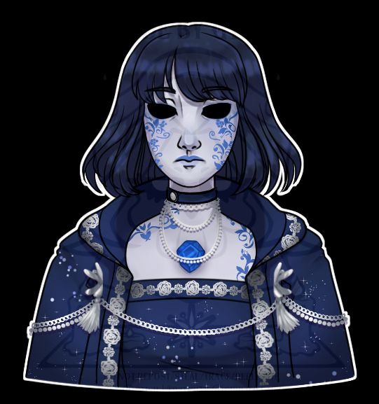 Uma arte de busto. Uma autômata com pele branca e detalhes de vinhas e flores em azul claro, cabelo azul acinzentado, lábios azuis, uma capa azul escuro com capuz, um vestido azul escuro, bordados de rosas brancas, um colar com bordado branco e um cristal azul no colo do seio.