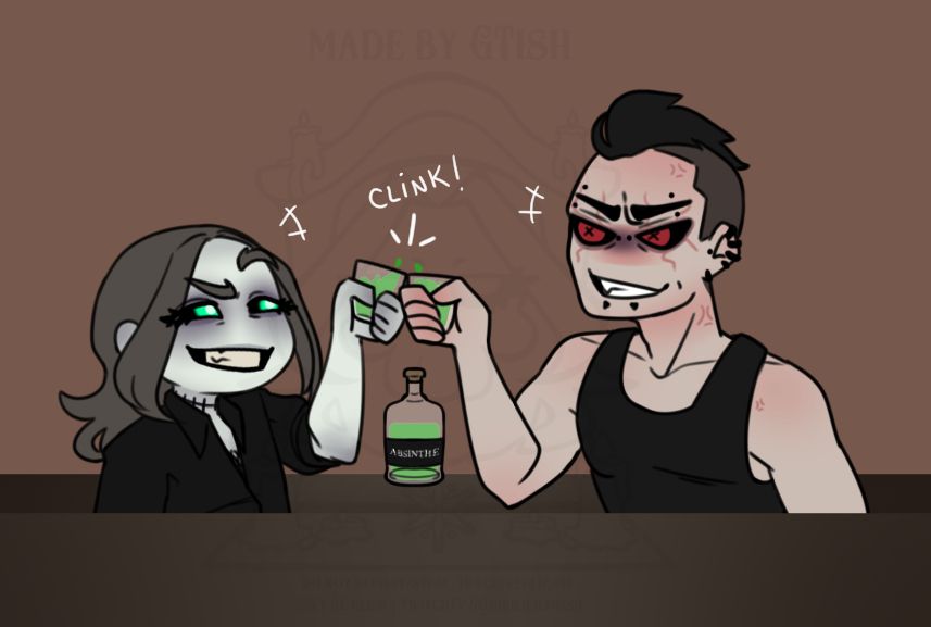 Two silly ghouls drinking absinthe.