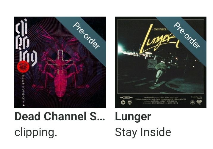 Bandcamp screenshot of new clipping and Stay Inside preorders