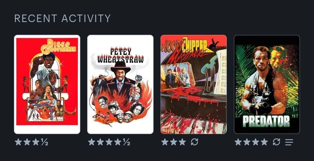 Recent activity on Letterboxd 
-Disco Godfather
-Petey Wheatstraw
-Woodchipper Massacre
-Predator