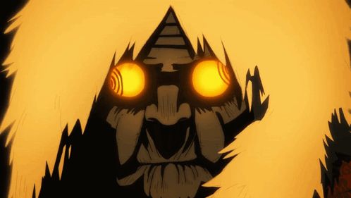 a cartoon drawing of a monster with glowing yellow eyes