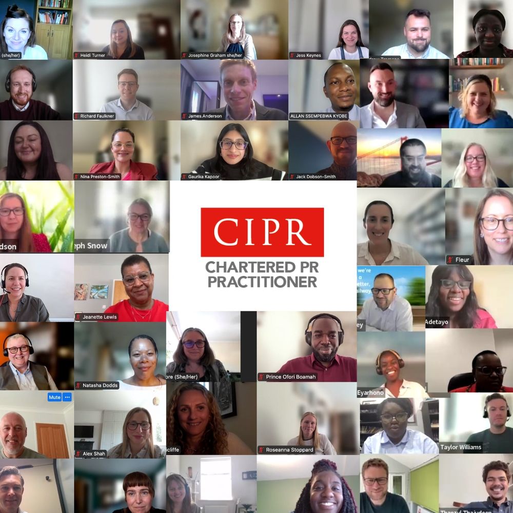 Grid collage of CIPR members participating in an online chartership assessment, with the logo of 'Chartered PR Practitioner' displayed in the centre.