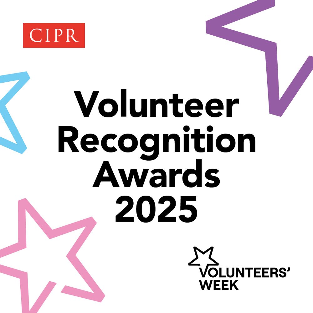CIPR Logo with blue, purple, pink stars surrounding the headline: Volunteer Recognition Awards 2025. Volunteers' Week logo bottom right.