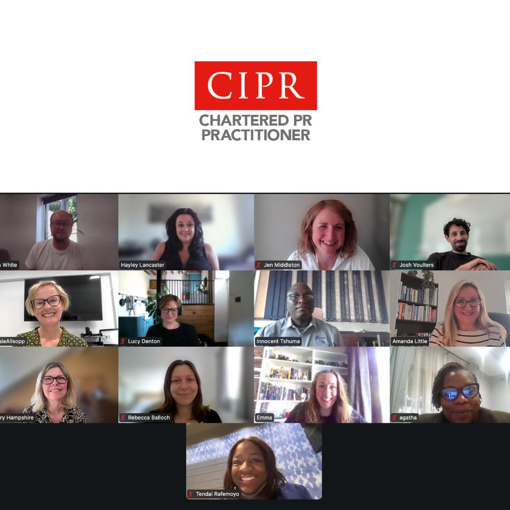 Chartered PR Practitioner logo. Headshots of the CIPR's 12 most recently Chartered members.