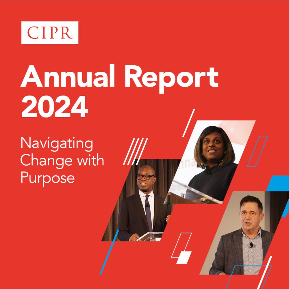 Promotional image for the CIPR Annual Report 2024 titled 'Navigating Change with Purpose,' featuring three professionals in various poses on a red background with geometric designs.