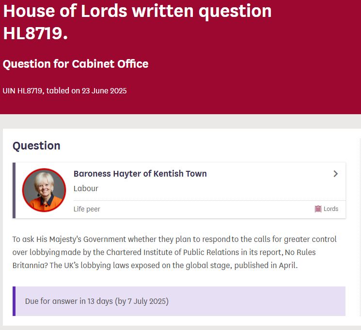 A screenshot of Baroness Hayter's question to the Cabinet Office as seen on the parliament UK website.
