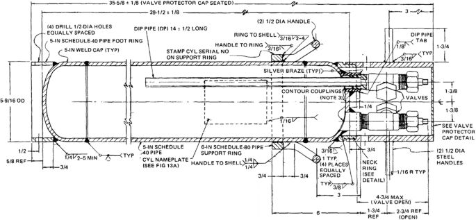 Side elevation of what might be a 5A storage cylinder, showing a cylinder with half-inch walls, 5 ⁹/₁₆