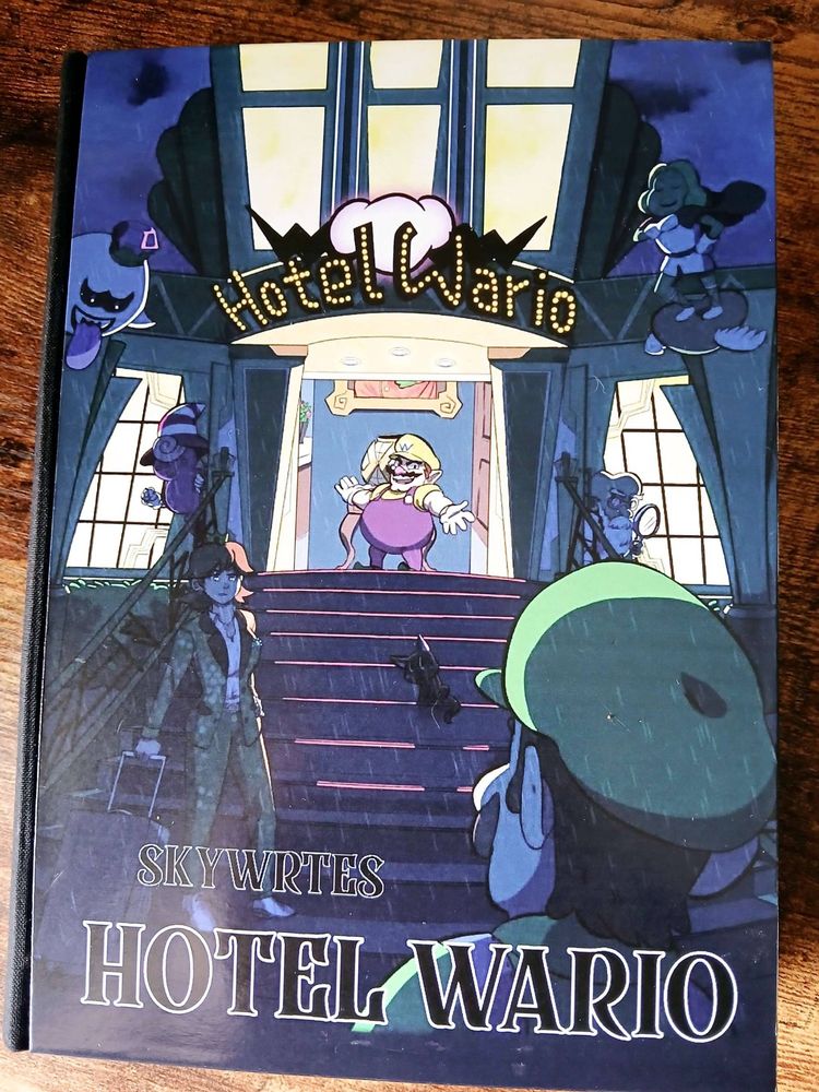 Book copy of Hotel Wario by SkyWrites. Cover art by @jrpgdog.