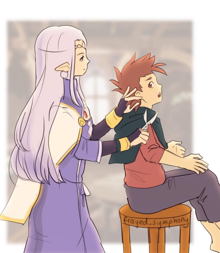 Art by Frayed-Symphony. Lutesse from the game Tales of Crestoria, an elegant-looking elf woman is cutting the brown hair of a young boy. The boy is Lloyd Irving from Tales of Symphonia, who is seated on a stool and looking uncomfortable.