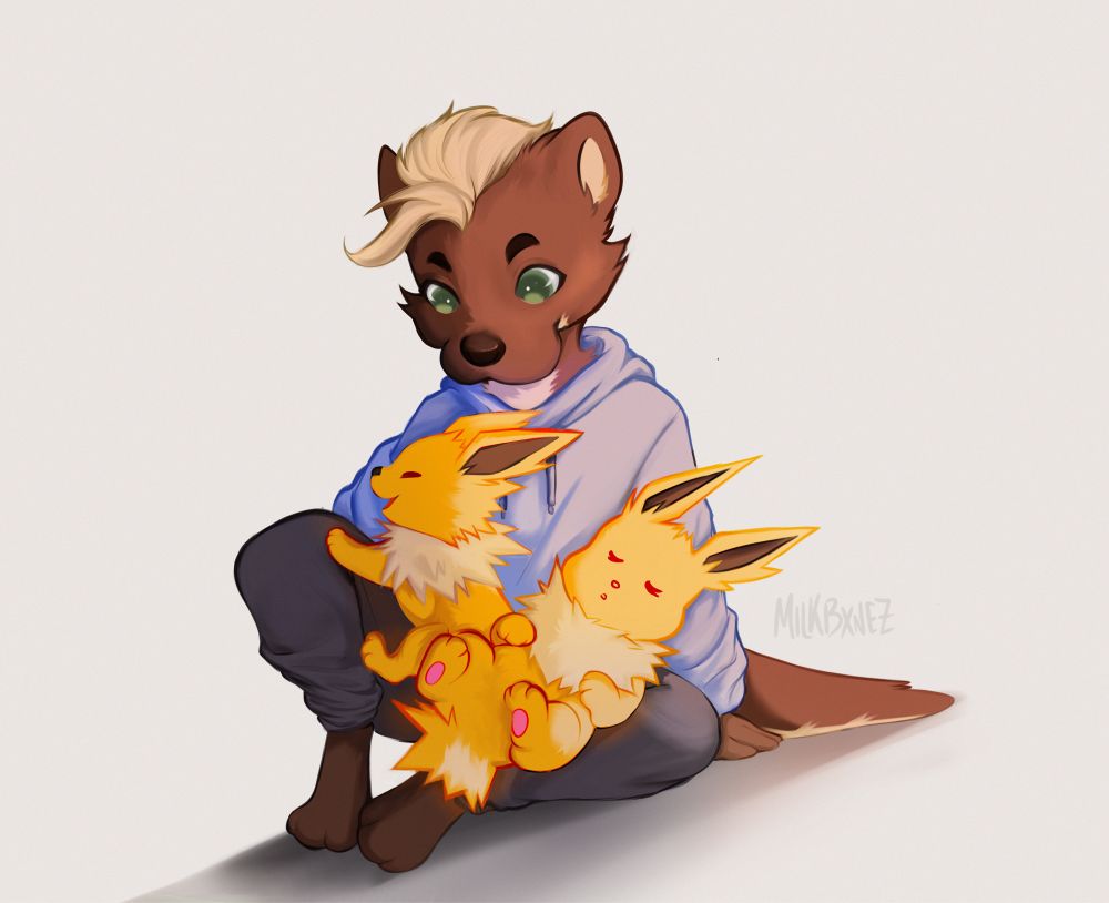 A drawing of an anthropomorphic otter guy holding two little Jolteons in his lap