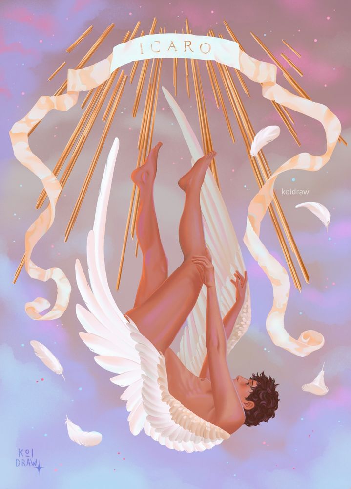 This is a digital illustration of the greek myth of Icarus. The illustration depicts Icarus falling from the sky. On top there is a sign that says "Icaro" and there are feathers falling alonside him. There are golden sun rays imitating the ones in catholic statues.
The sky in the background is mostly purple, blue and pink. 