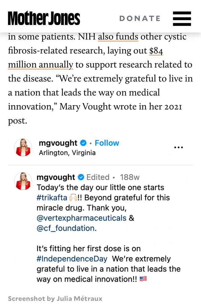 Russell Vought’s ex-wife expresses gratitude for the miracle drug that helped her daughter, who has cystic fibrosis.  She also expresses gratitude for living in a nation that “leads the way in medical innovation”, but her ex-husband is helping make sure that few medical innovations will come from the US.